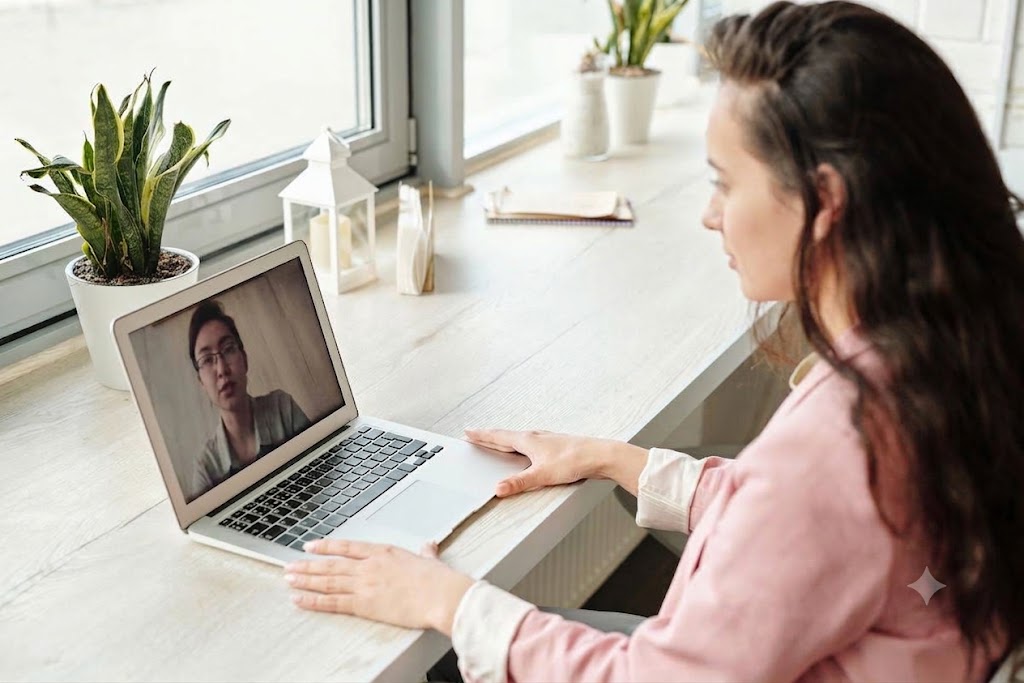 A woman speaking with a health professional through a laptop video call